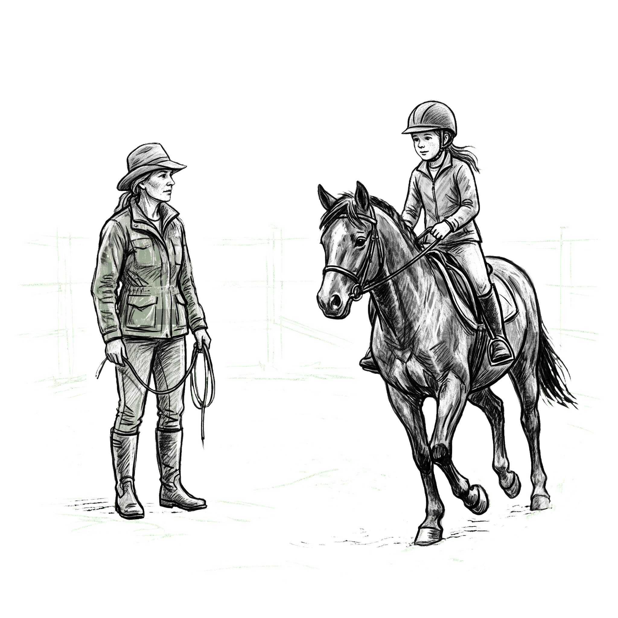 Charcoal sketch of a trainer and young rider on horseback